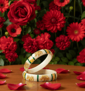 Wide acrylic Shakha bangle with gold-plated elephant design and glossy laminated finish