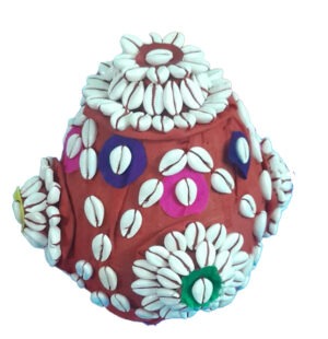 Handcrafted Bamboo Lakshmi Jhapi covered with red cloth and cowrie shells for Lakshmi Puja